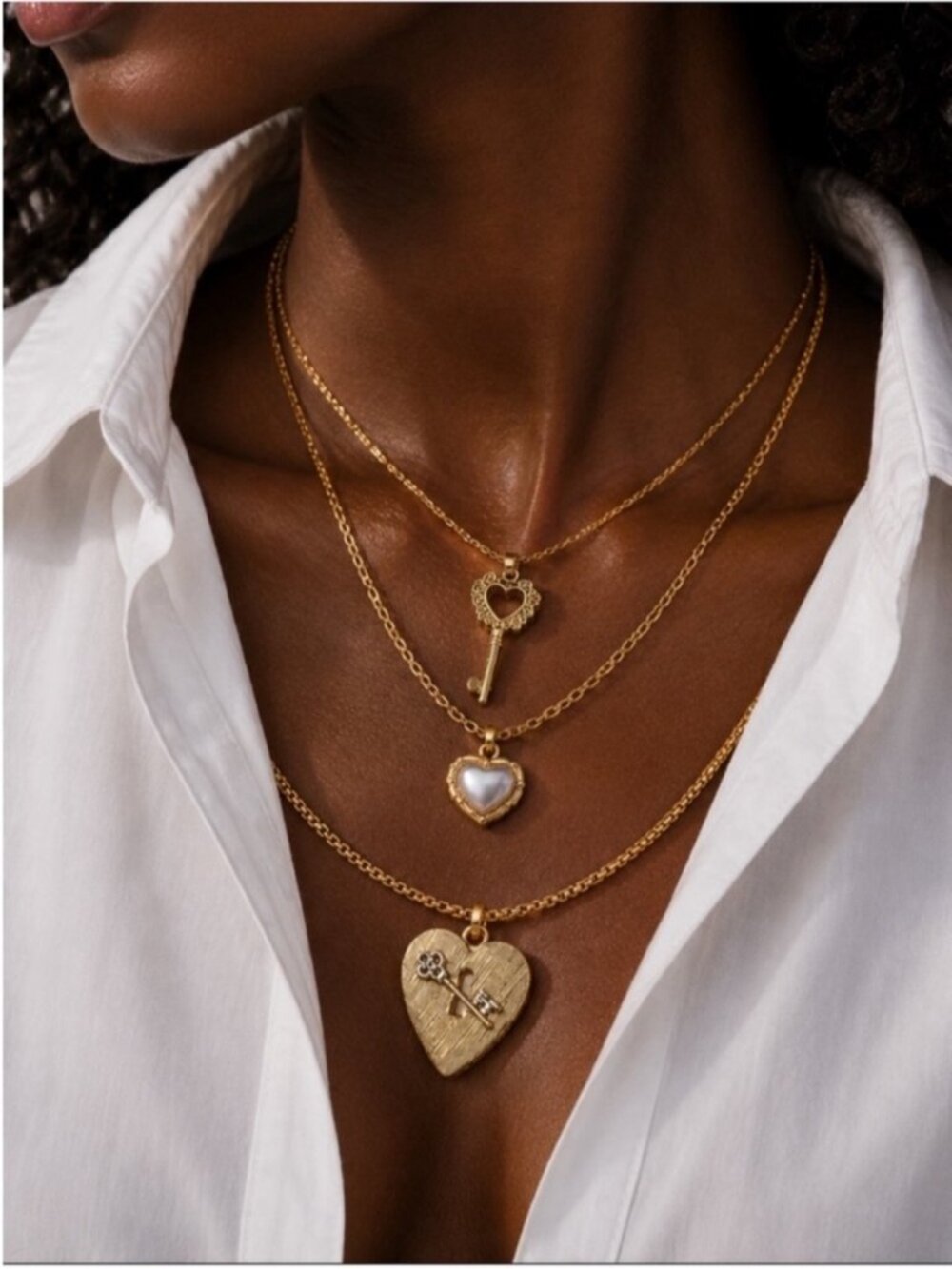 New! Gold Heart Lock and Key Necklace Stack Set NWOT 4003